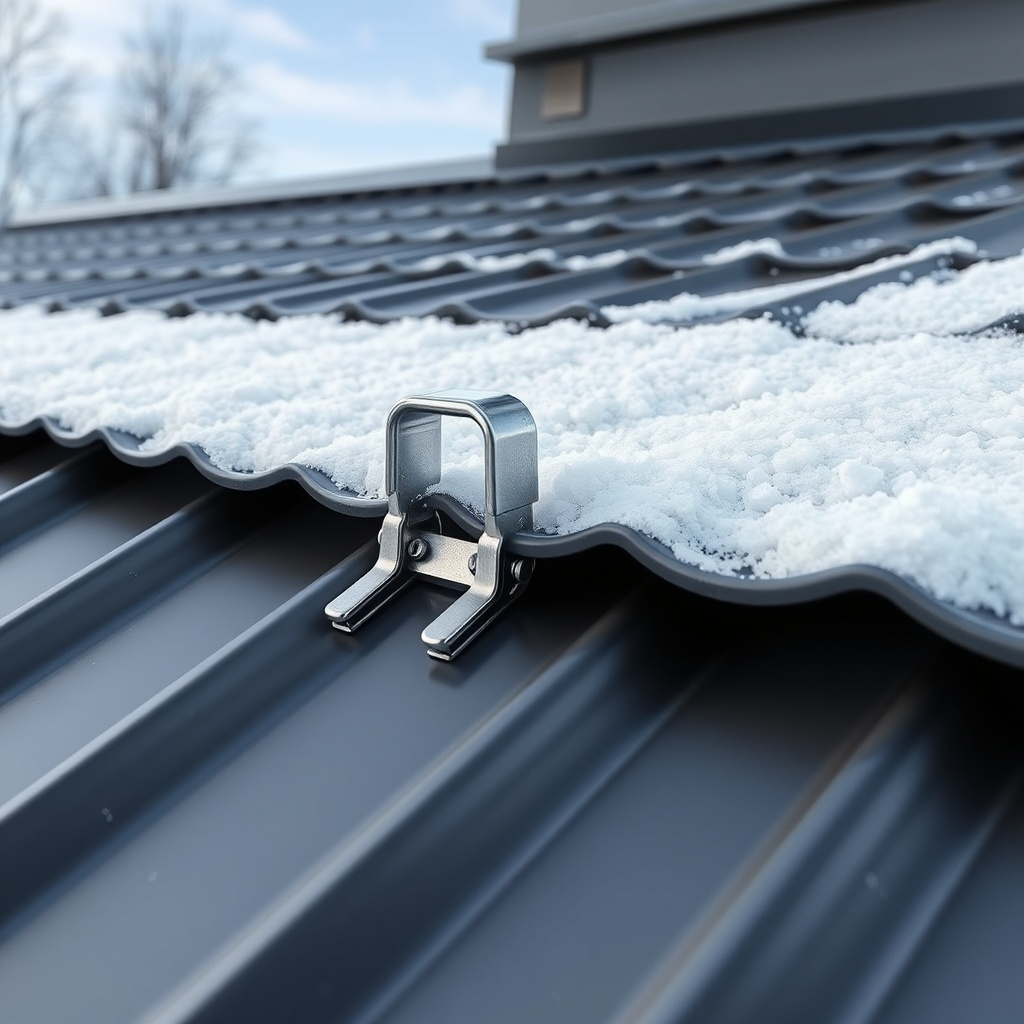 A photorealistic close-up of a snow guard clamp securely attached to a dark gray standing