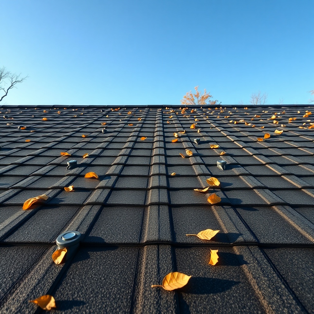 A photorealistic wide-angle shot of a residential Standing Seam Pro roof in autumn