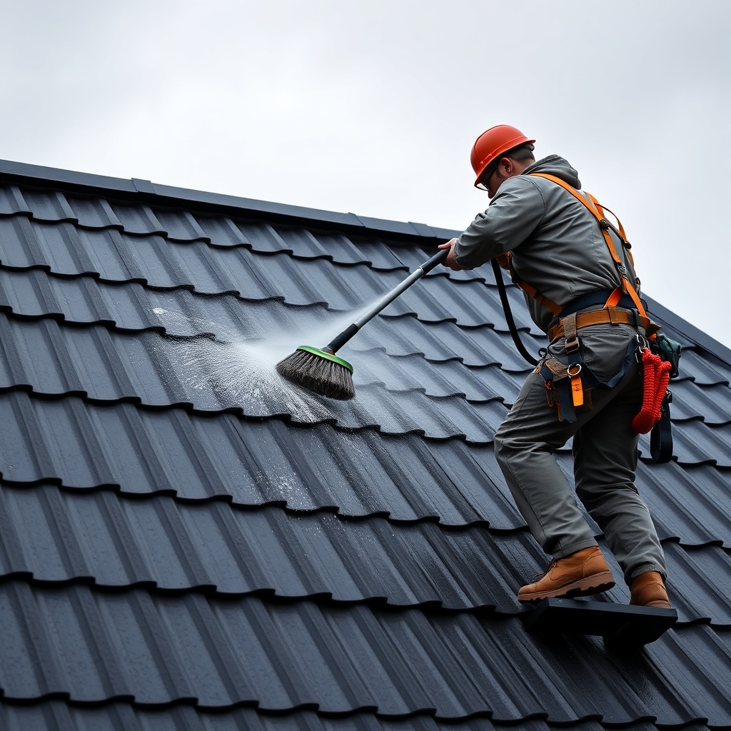 A photorealistic wide shot of a homeowner on a safety harness gently cleaning a dark grey