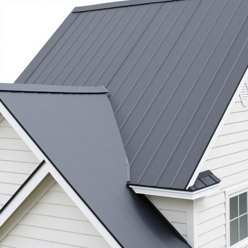 A clean photorealistic photo of a residential home with a dark gray Classic Rib steel roof