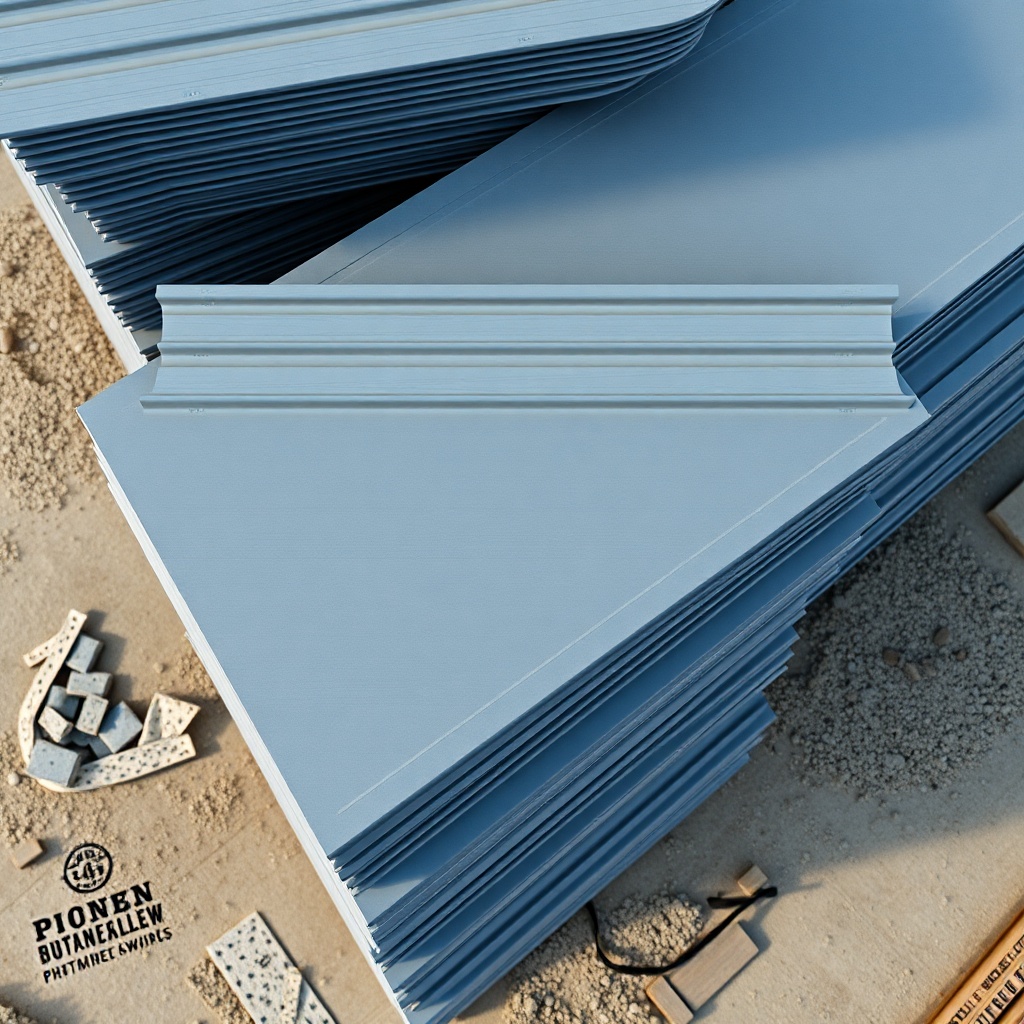 A photorealistic overhead view of gray Classic Rib panels stacked on a job site