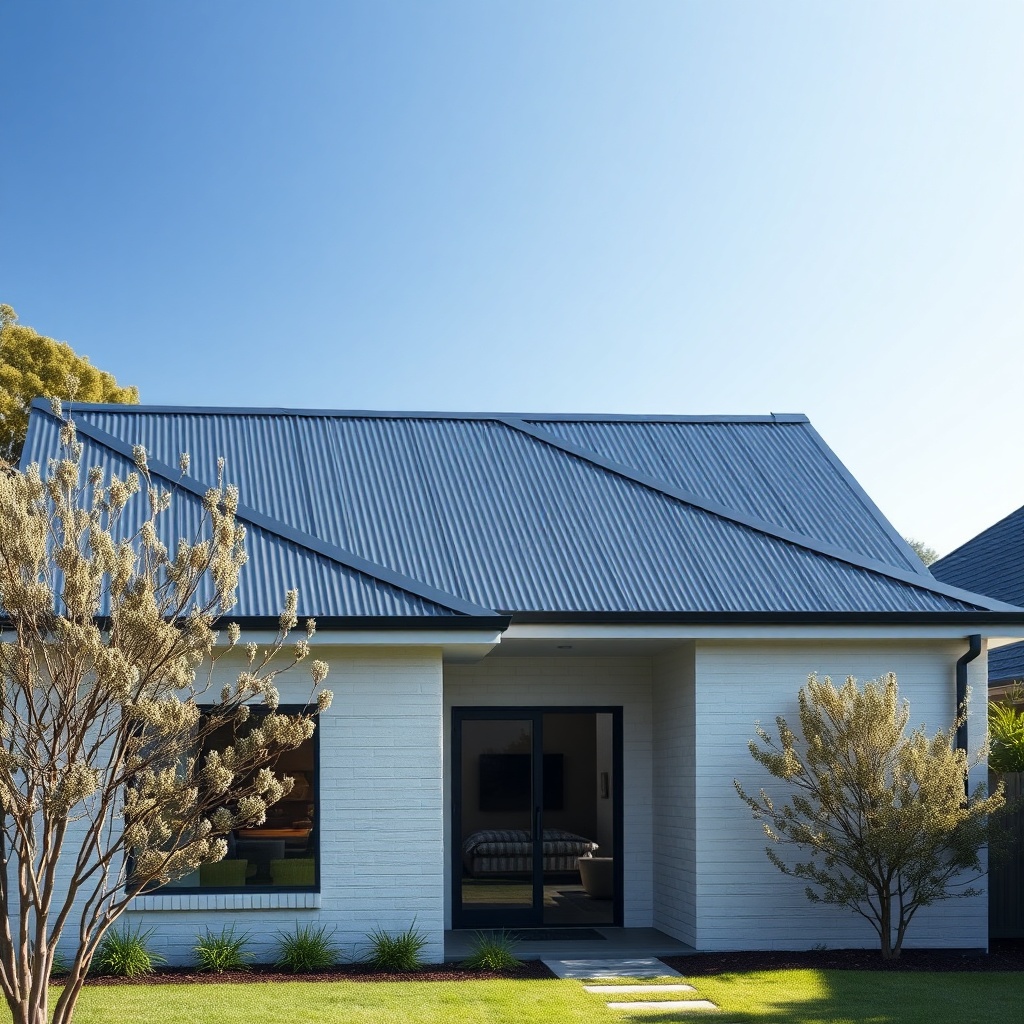 A photorealistic wide shot of a residential home with a Classic Rib steel roof in a deep g