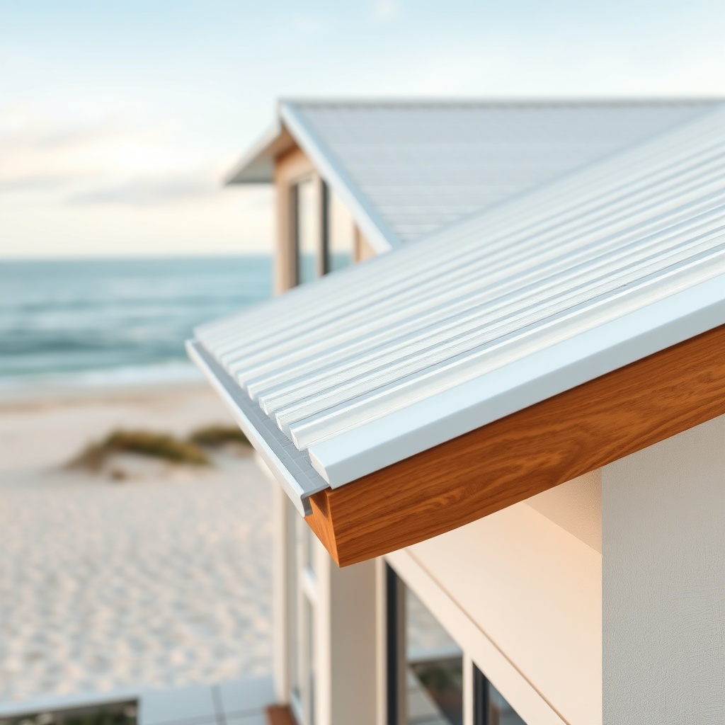 A photorealistic close-up of a Classic Rib aluminum roof on a modern beachfront home