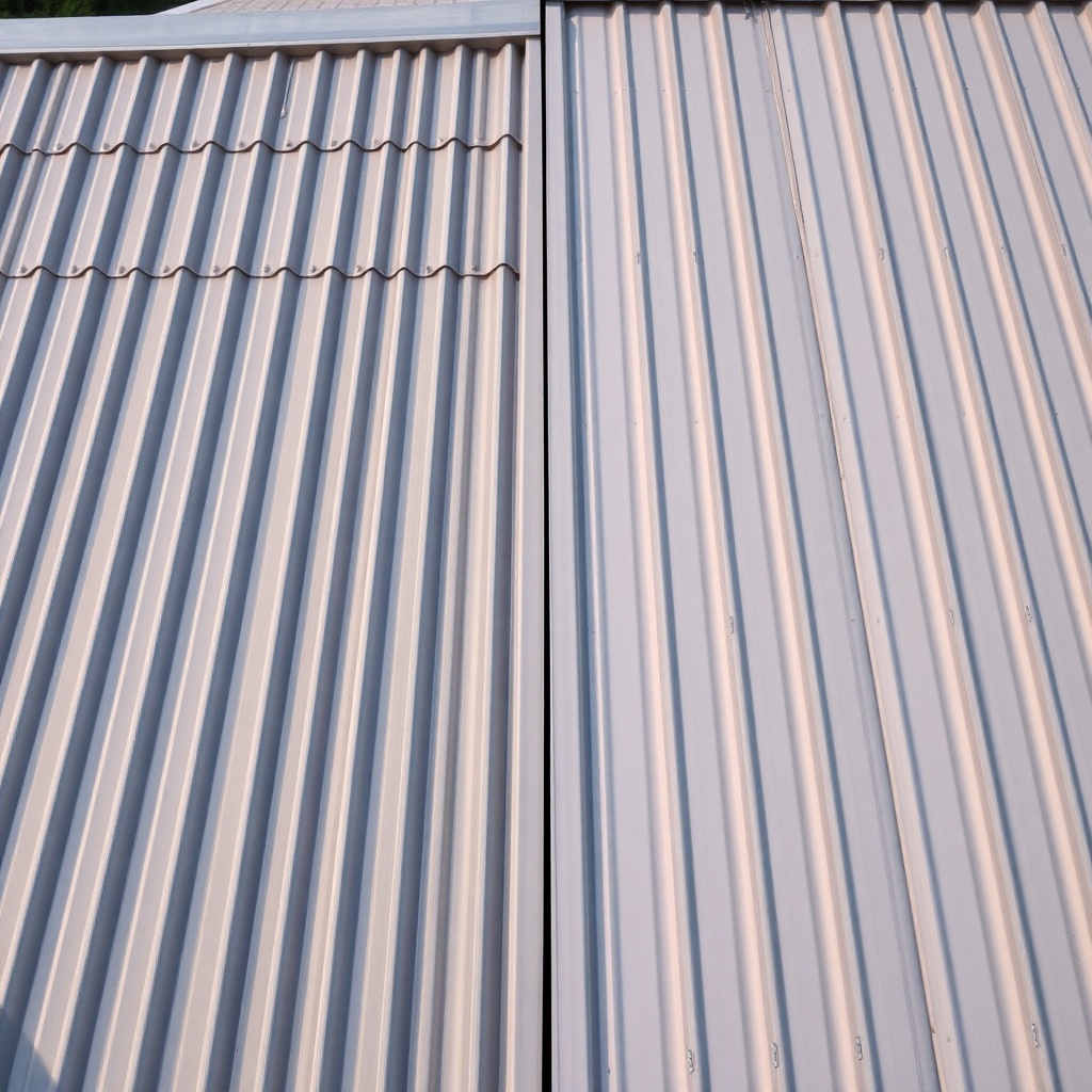 A high-angle photorealistic shot of two adjacent metal roof sections side by side—left sid