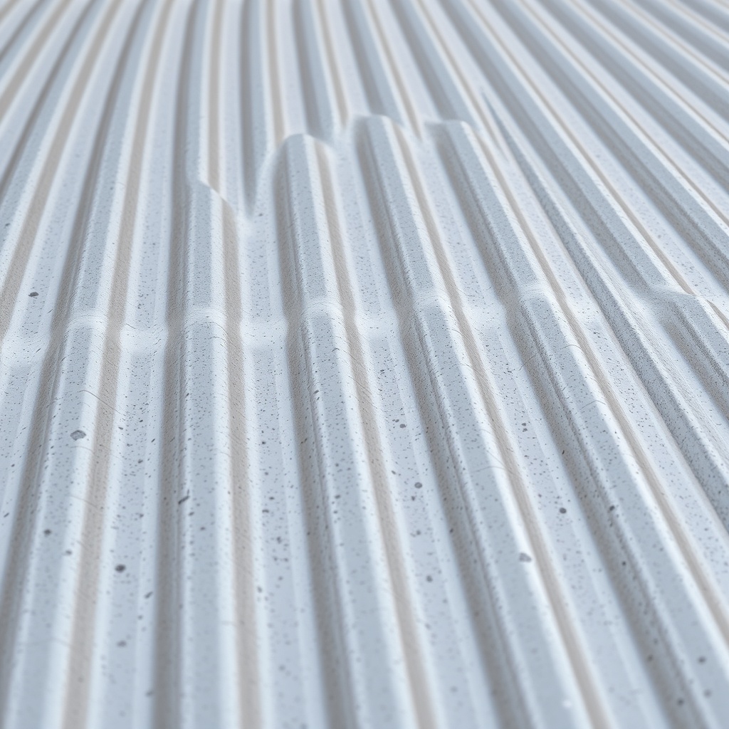 A photorealistic extreme close-up of a Classic Rib zinc roof panel showing the vertical ri
