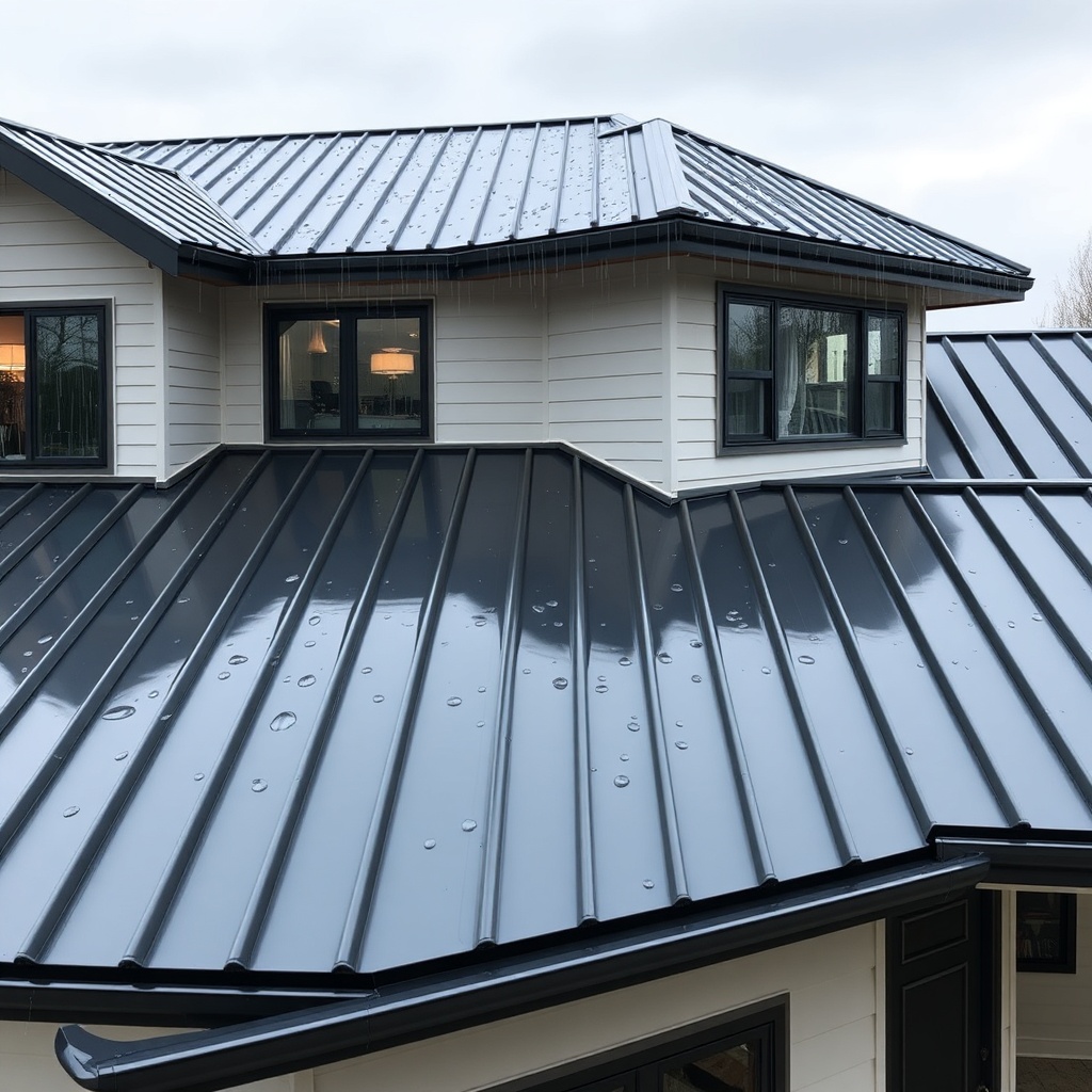 A photorealistic wide shot of a two-story modern home with a Classic Rib zinc roof