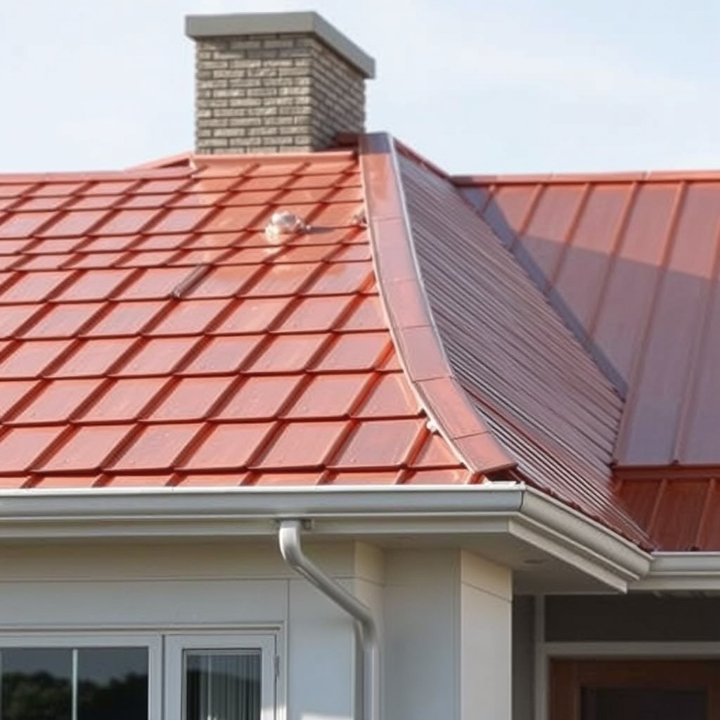 <Clean photorealistic photo of a copper Classic Rib roof installation on a modern home