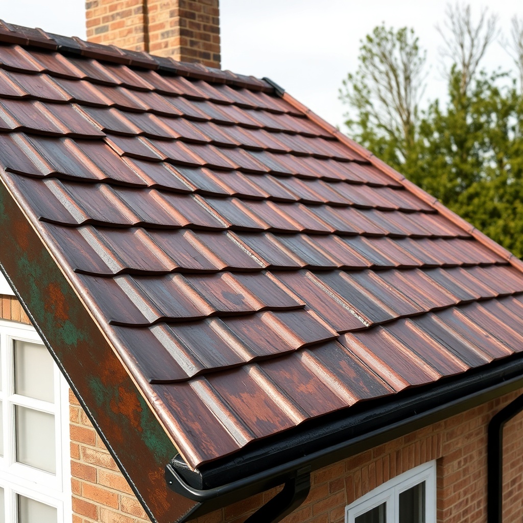<Clean photorealistic photo of a copper Classic Rib roof on a period property