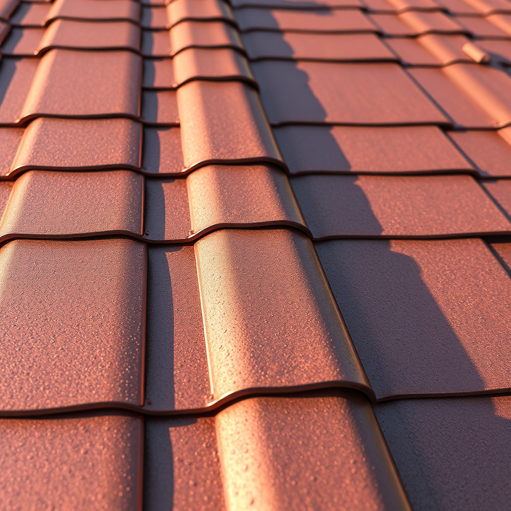 A photorealistic close-up of Decra Metal Shake in copper finish on a residential roof