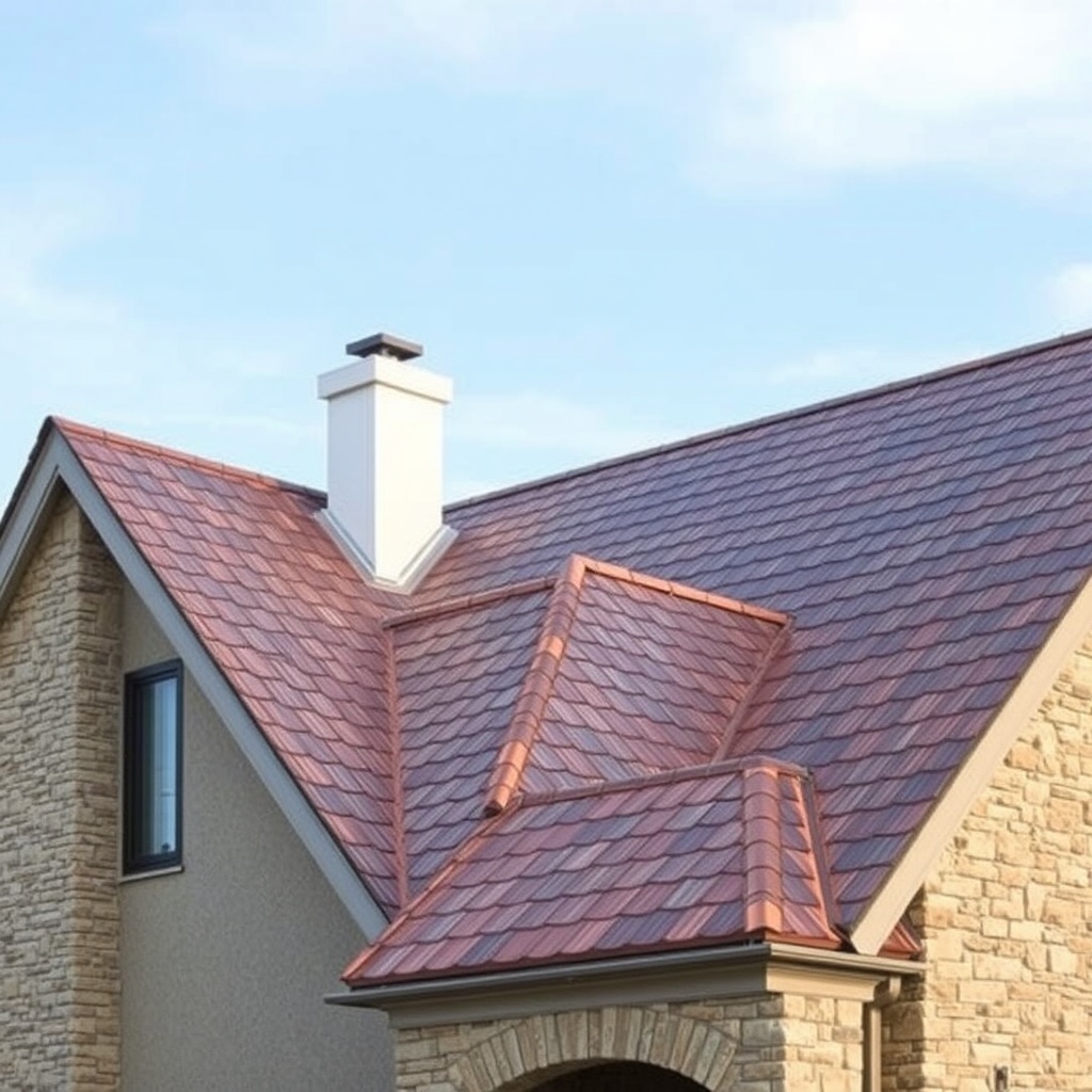 A photorealistic wide-angle shot of a two-story house with a Decra Metal Shake copper roof