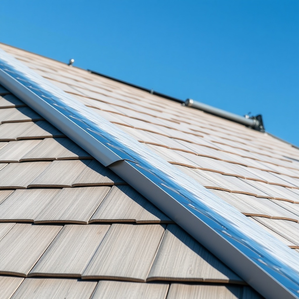 A photorealistic wide shot of a partially installed Decra Metal Shake roof showing the syn