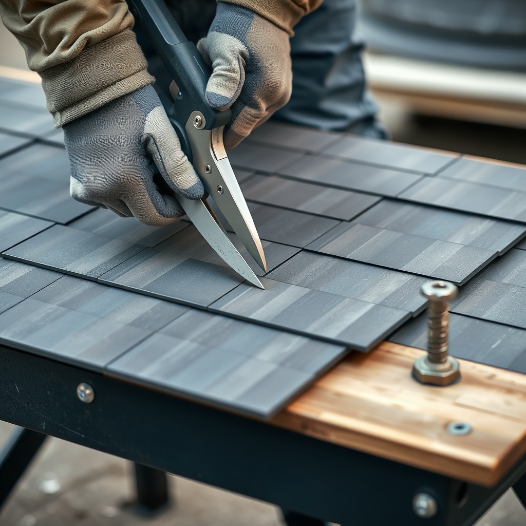 A photorealistic close-up of a roofer's hands using electric shears to cut a Decra Metal S