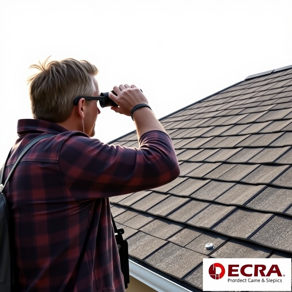<clean photorealistic photo/illustration of a homeowner using binoculars to inspect a Decr