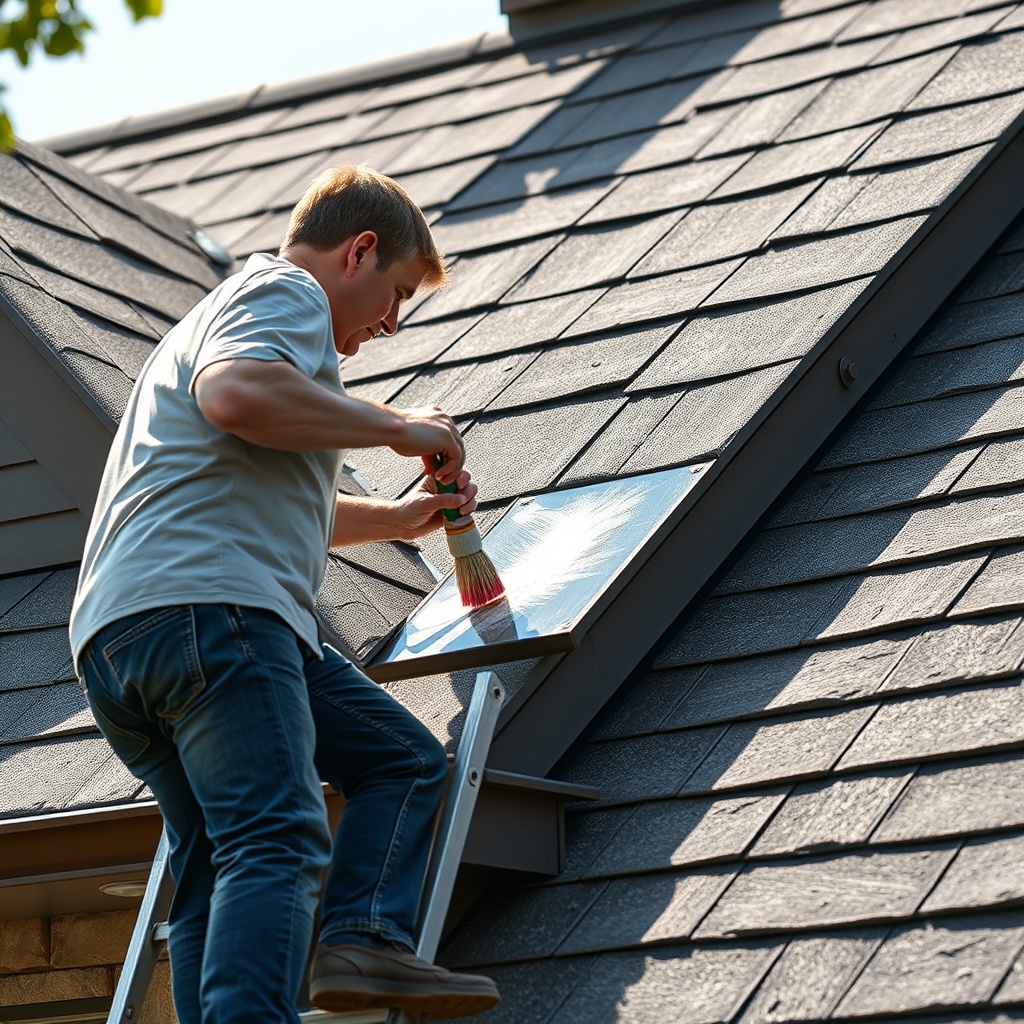 <clean photorealistic photo/illustration of a homeowner on a ladder gently cleaning a Decr