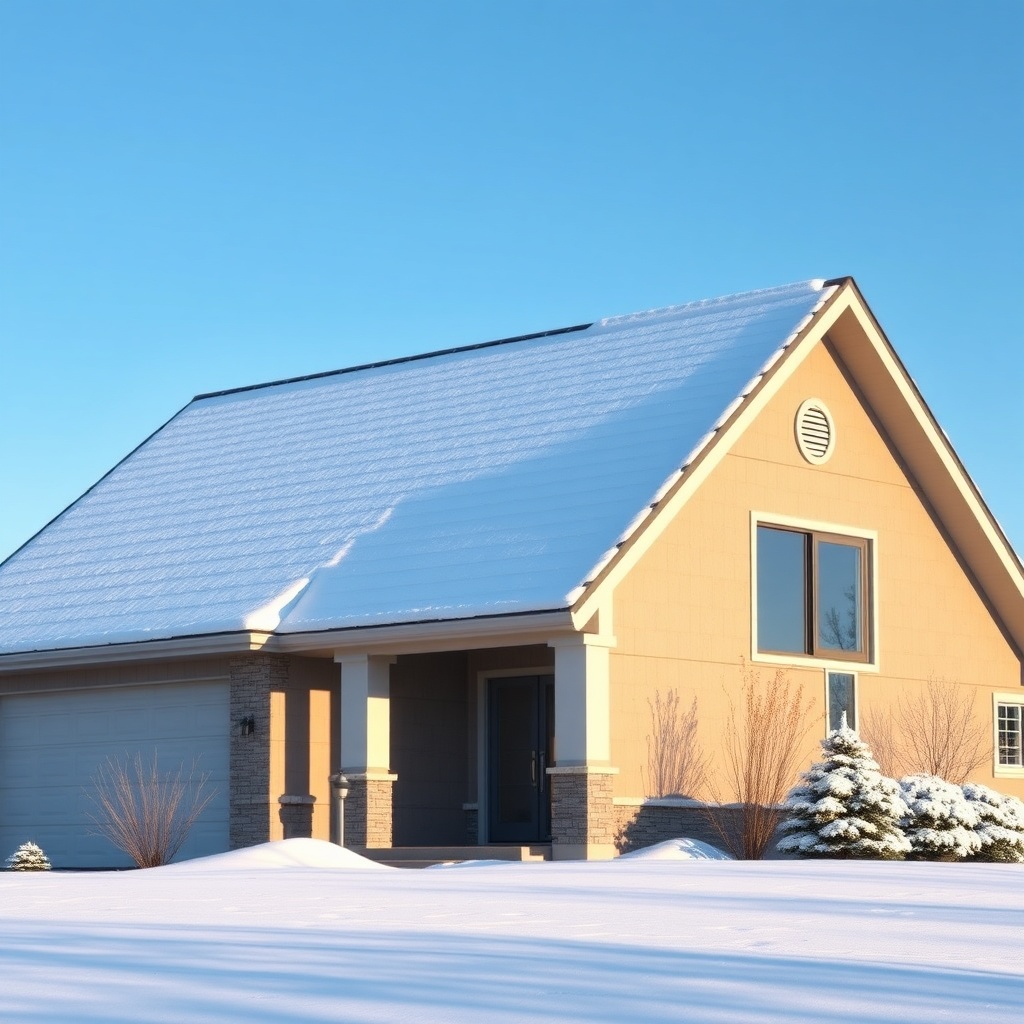 <Photorealistic medium shot of a modern home with a steep-pitched Decra Metal Shake roof c