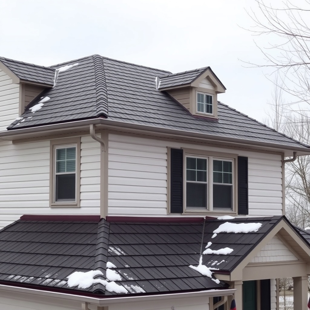 <Photorealistic wide shot of a Decra Metal Shake roof on a two-story house with snow guard