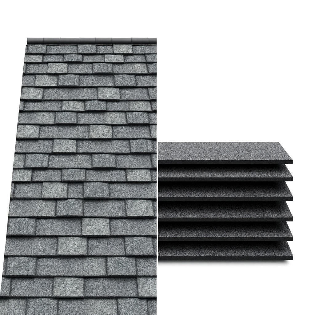 A clean photorealistic split illustration showing a Decra Metal Shake roof section on the