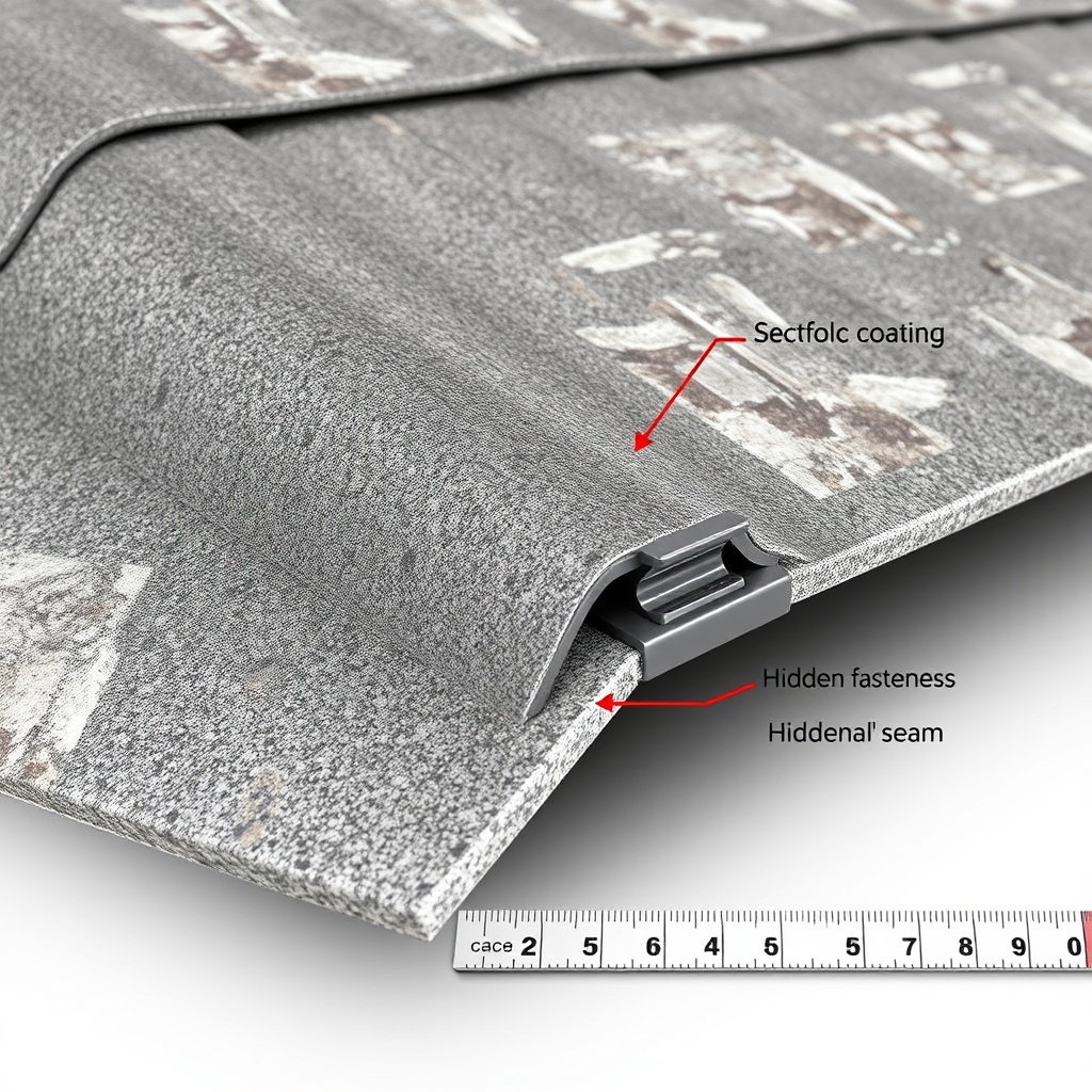 A photorealistic close-up of a Decra Metal Shake roof panel edge showing the stone coating