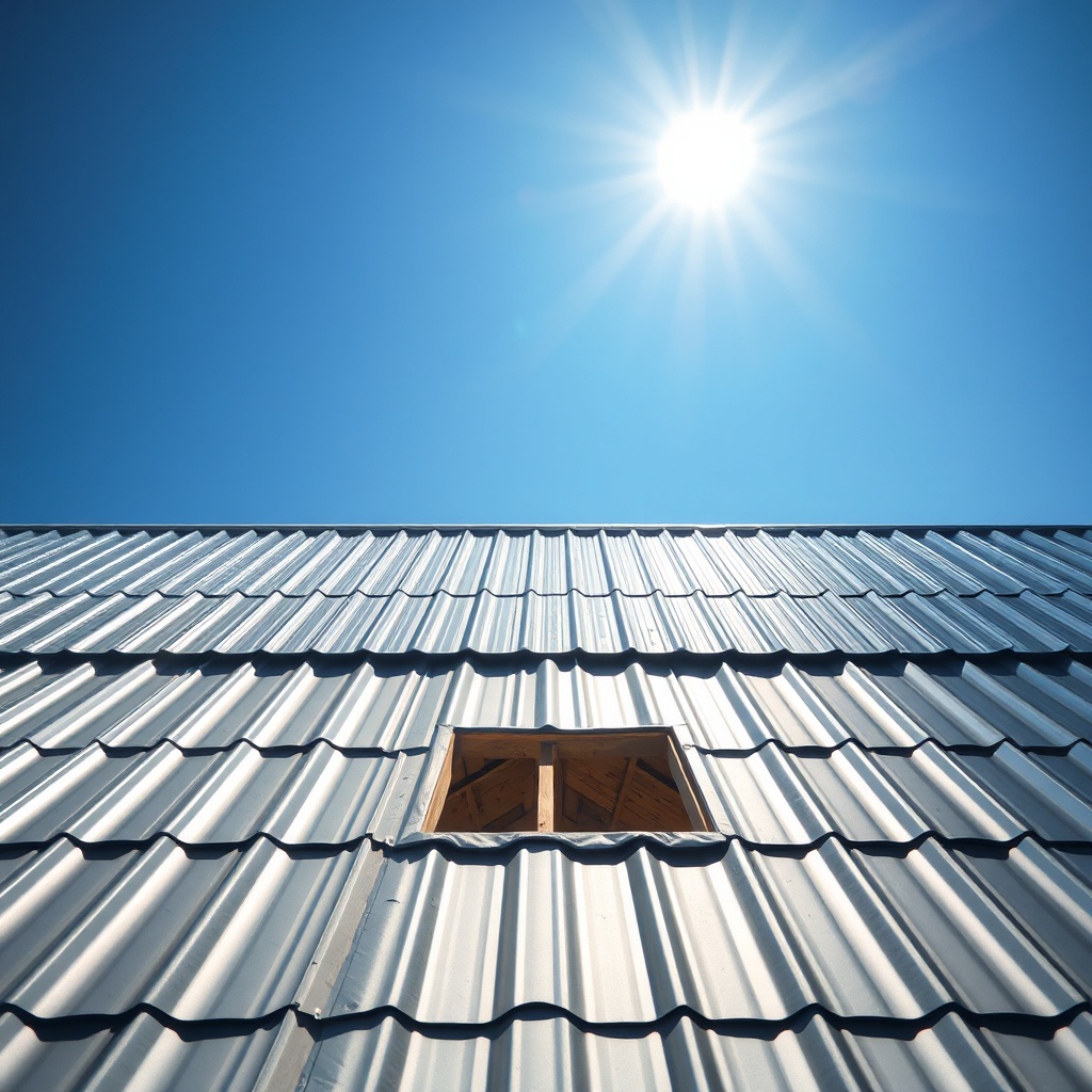 A photorealistic wide-angle shot of a residential Standing Seam Pro aluminum roof with vis