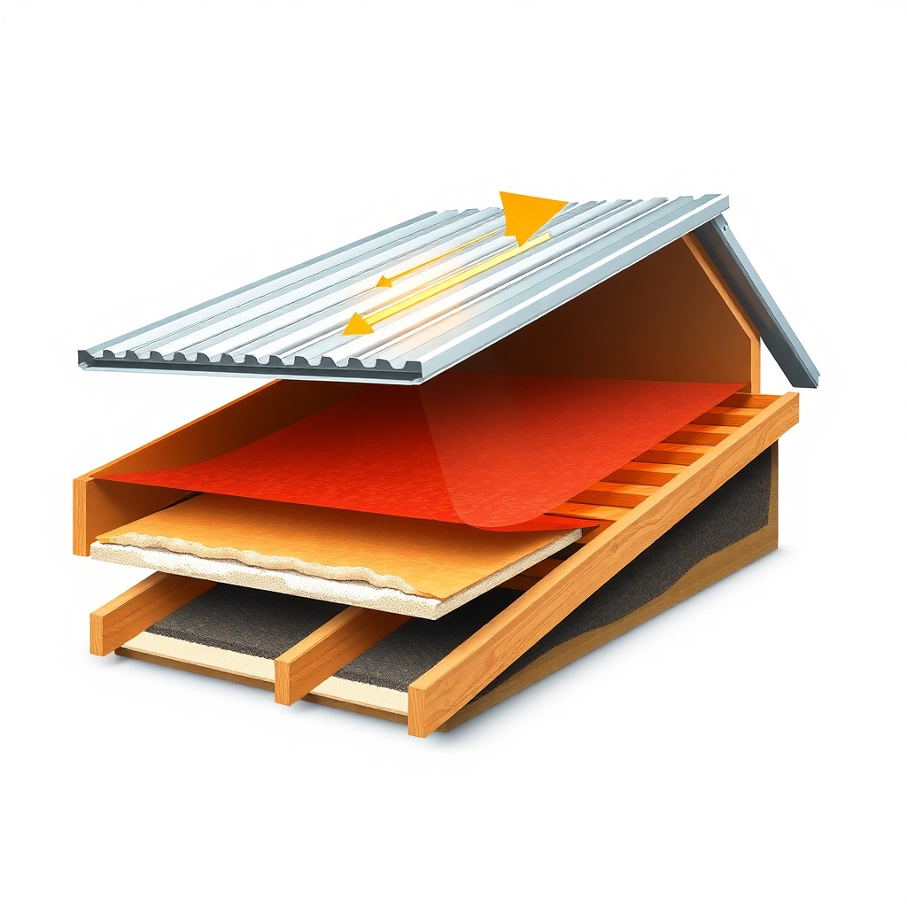 A photorealistic cross-section illustration of a Standing Seam Pro aluminum roof assembly