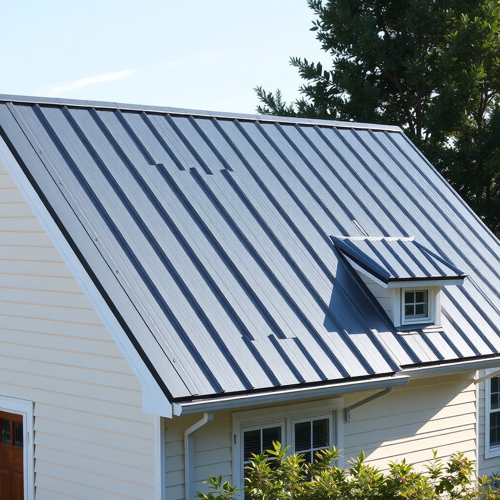 <clean photorealistic photo of a medium-sized house with Standing Seam Pro steel roof pane