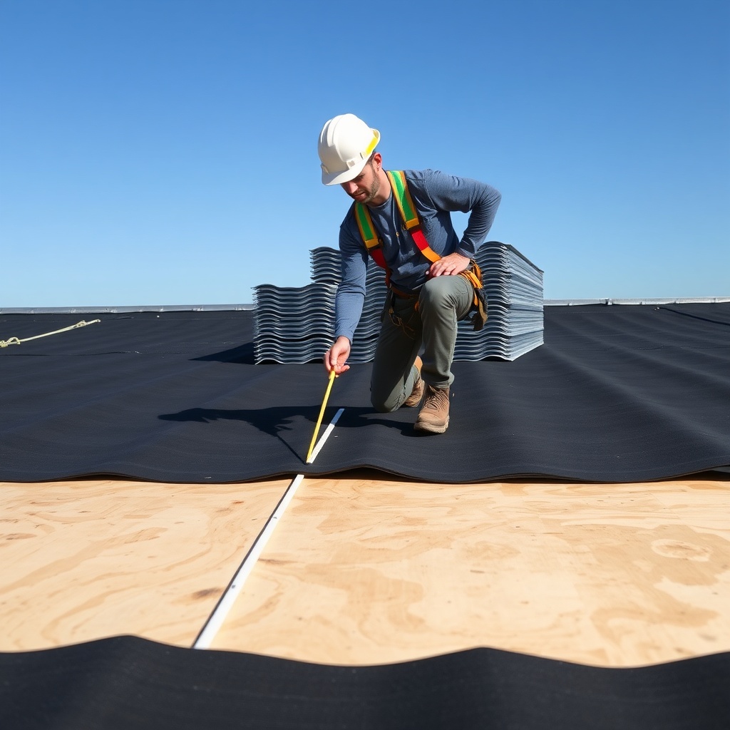 A photorealistic photo of a roofing contractor in a safety harness and hard hat snapping a