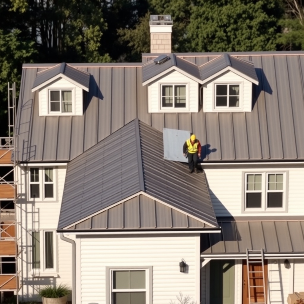 A photorealistic photo of a two-story house with a complex Standing Seam Pro metal roof sh