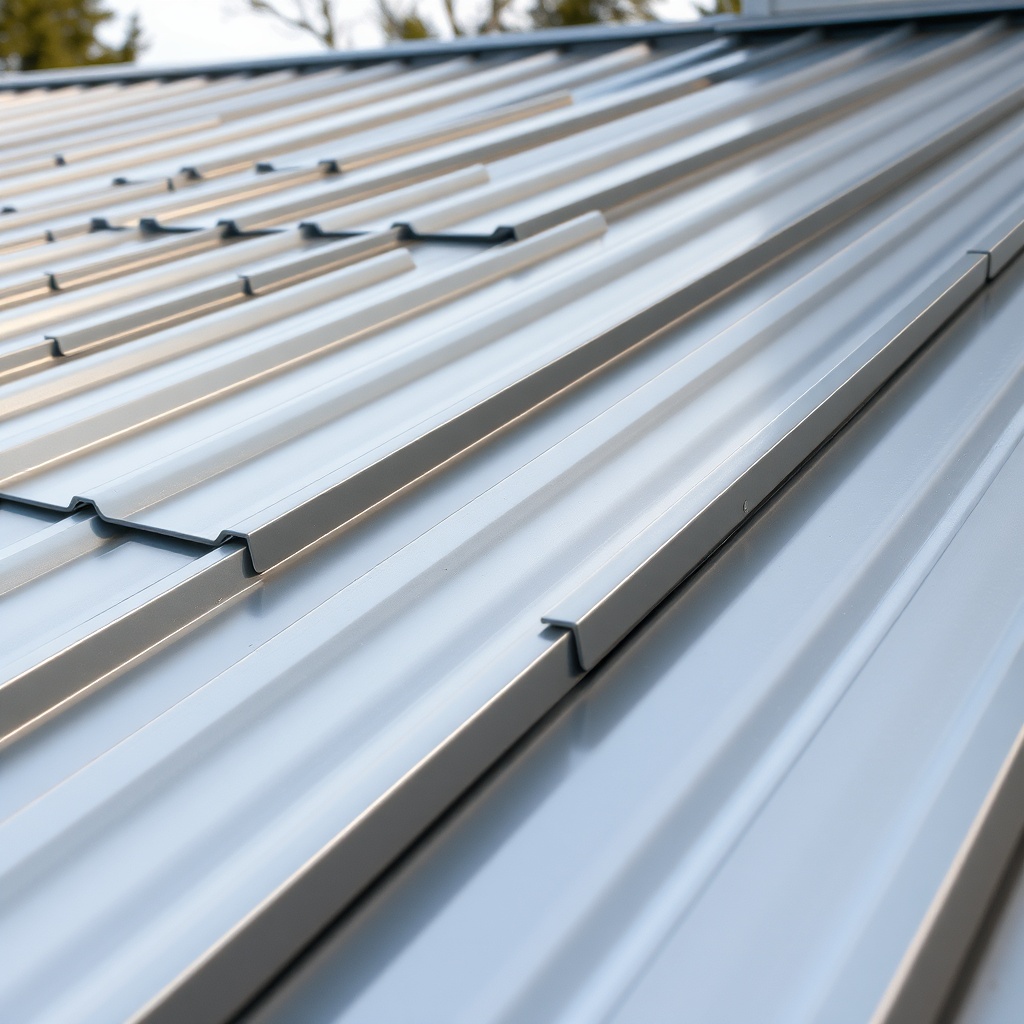 A photorealistic close-up of a Standing Seam Pro zinc roof panel showing the distinct upri
