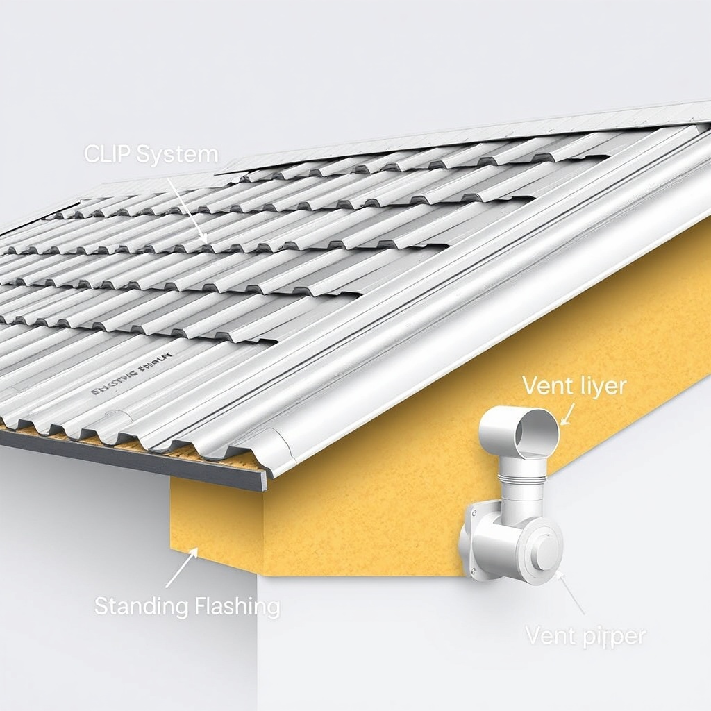 A clean photorealistic illustration showing a roof cross-section with Standing Seam Pro zi