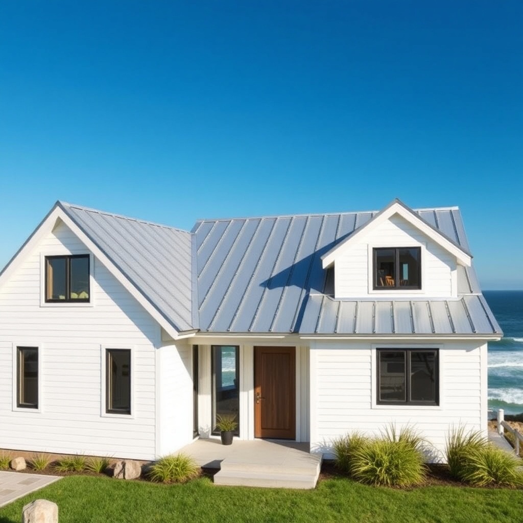 A photorealistic 16:9 image showing a modern coastal home with a Standing Seam Pro zinc ro